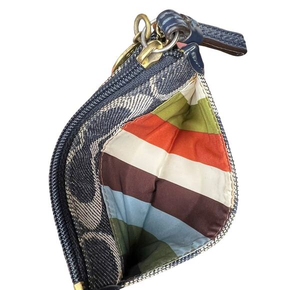 COACH Legacy Stripe Denim Mini Skinny ID Case Card Wallet Keychain Blue Leather - Picture 8 of 12